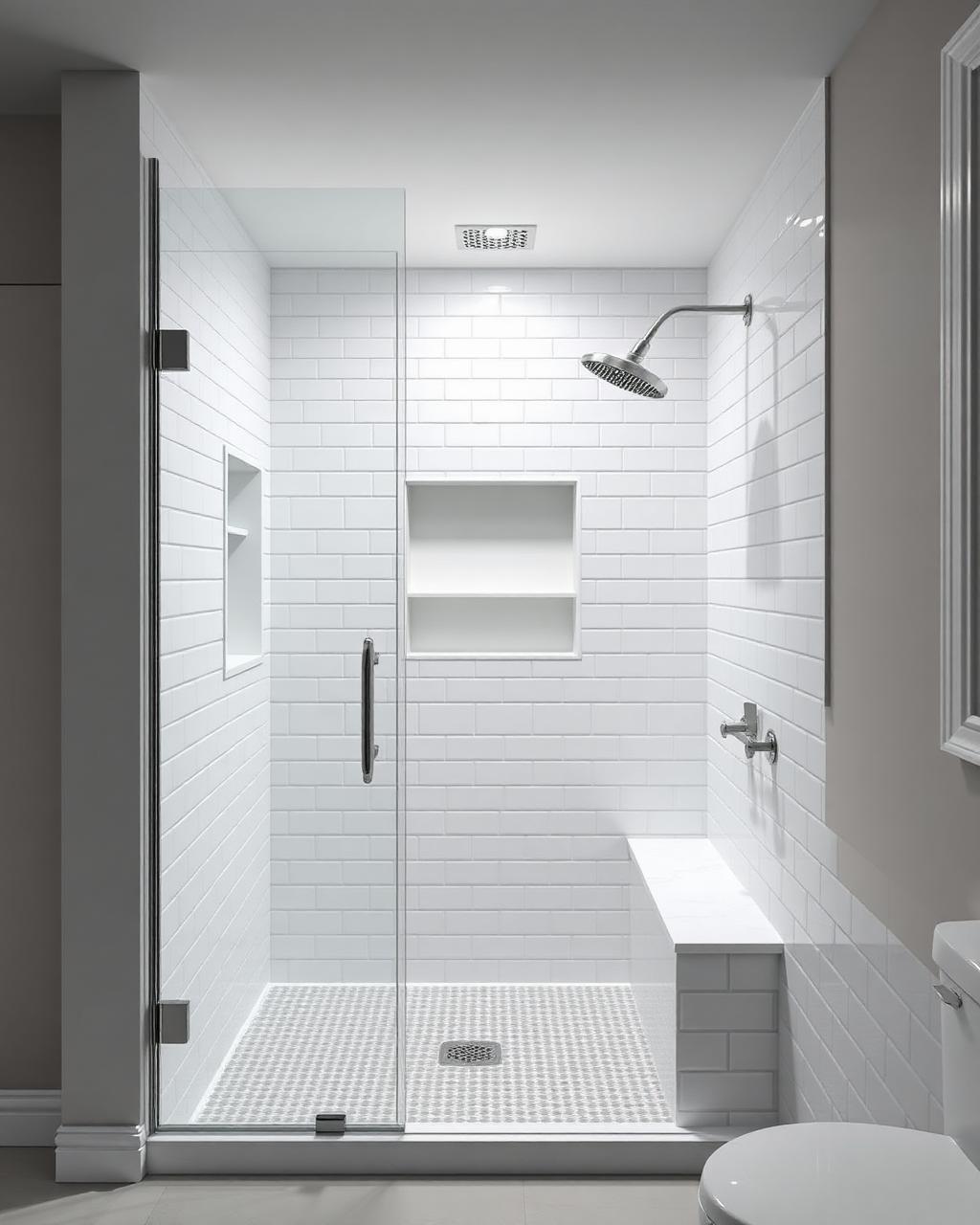 Tiled shower with bench and niche