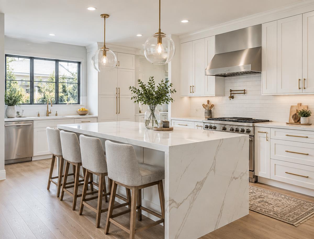 Remodeled kitchen with quartz island